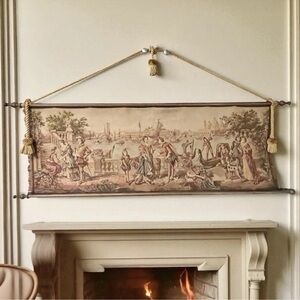 Vintage Belgian Large Woven Rococco Panoramic Wall Tapestry Venice Canal